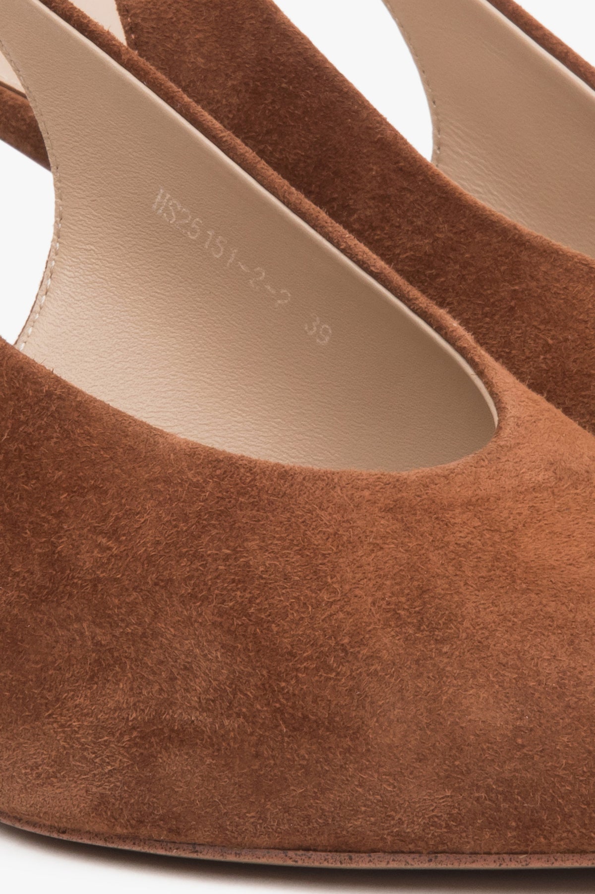 Women's slingback heels in brown velour by Estro - details.