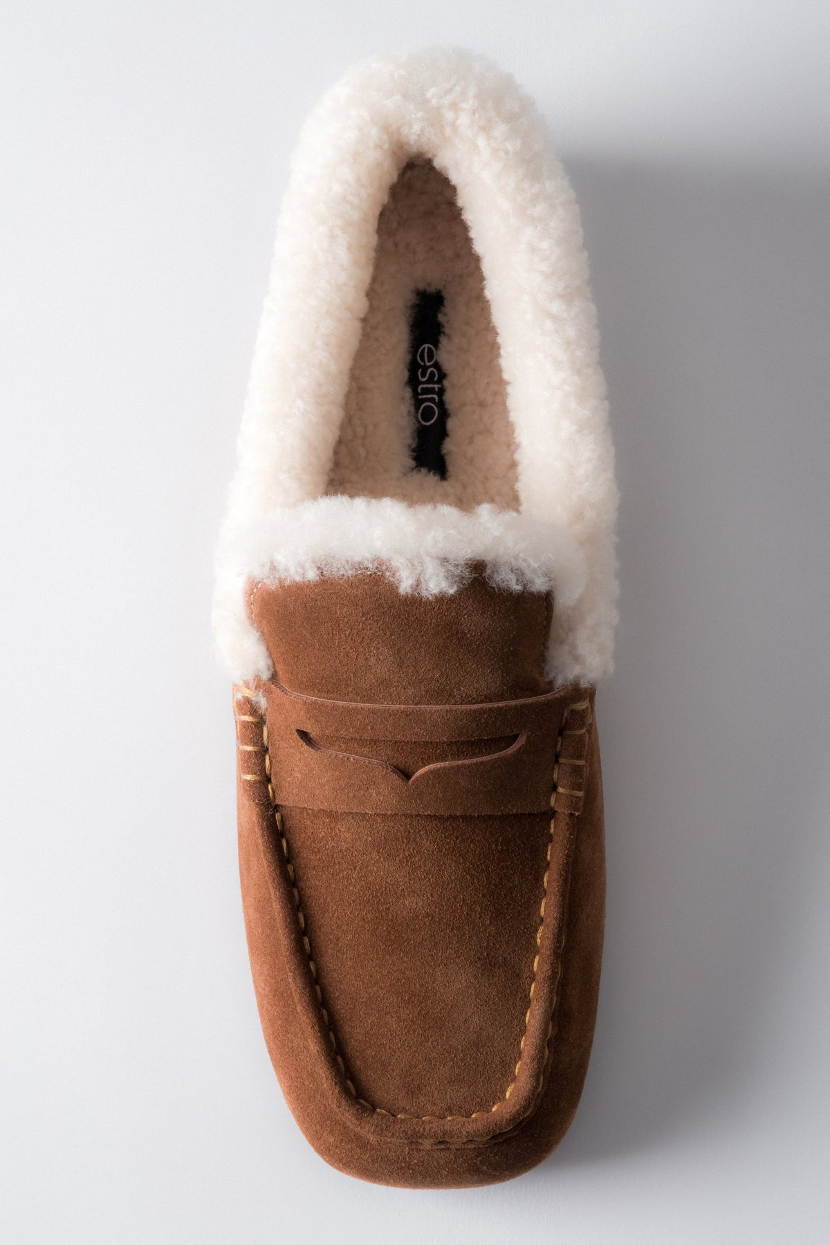 Women's winter loafers, brown, made of natural velour, with warm fur lining, Estro.