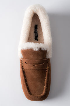 Women's winter loafers, brown, made of natural velour, with warm fur lining, Estro.