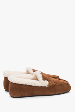 Made of natural velour, women's bronze loafers with fur insulation Estro.