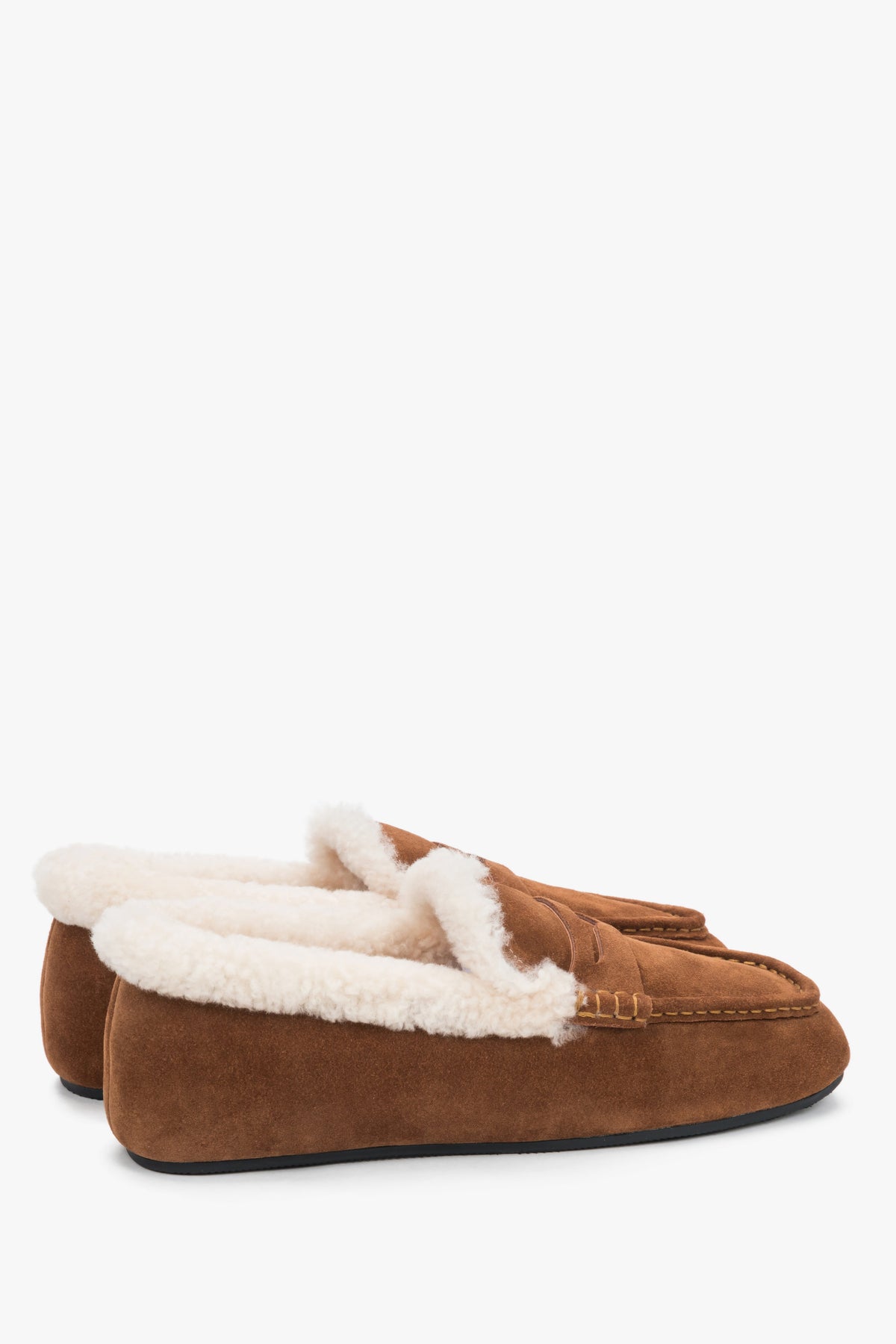 Made of natural velour, women's bronze loafers with fur insulation Estro.