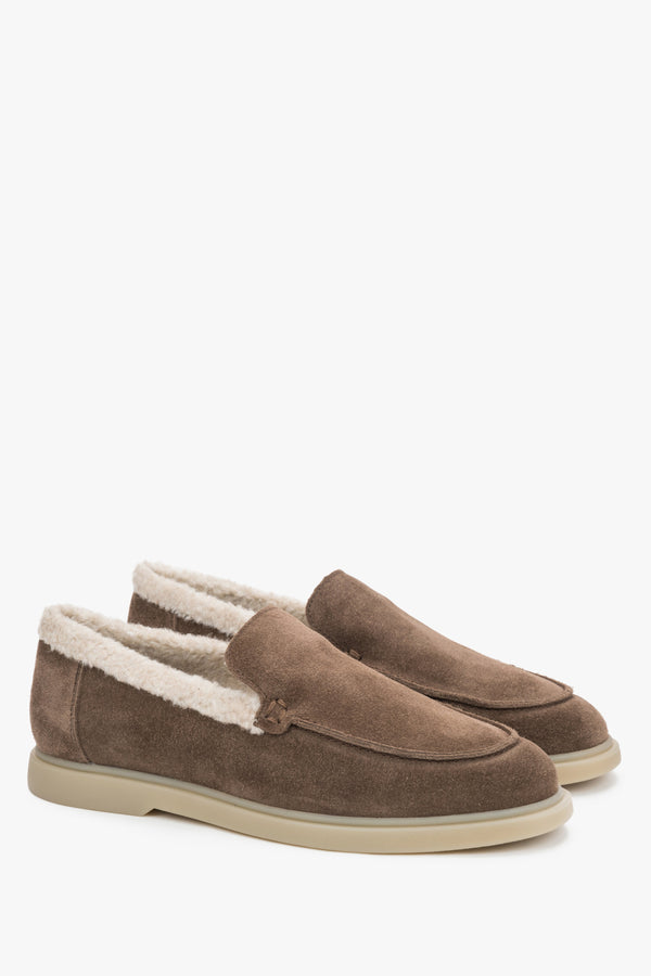 Brown Women's Winter Loafers made of Genuine Velour with Fur Lining.