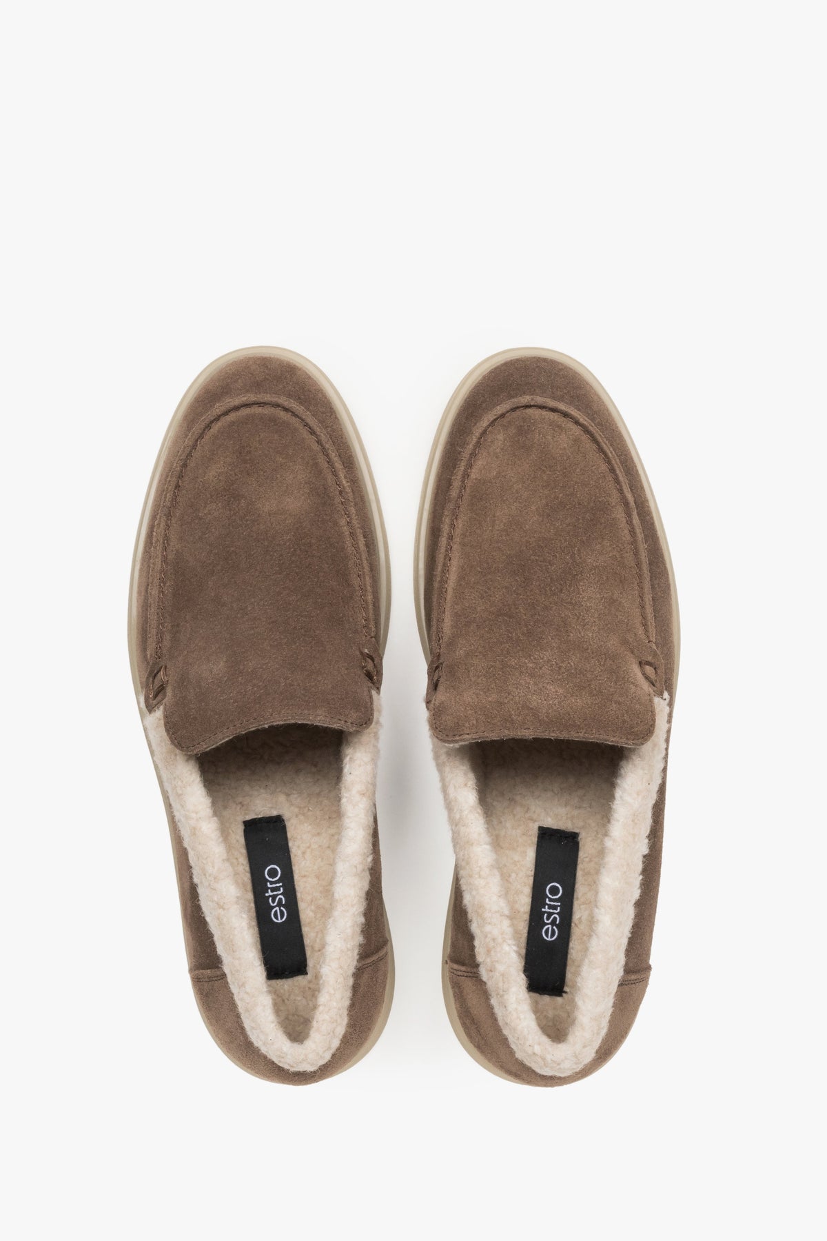 Women's Winter Loafers, Brown, made of Genuine Velour with Fur Lining.