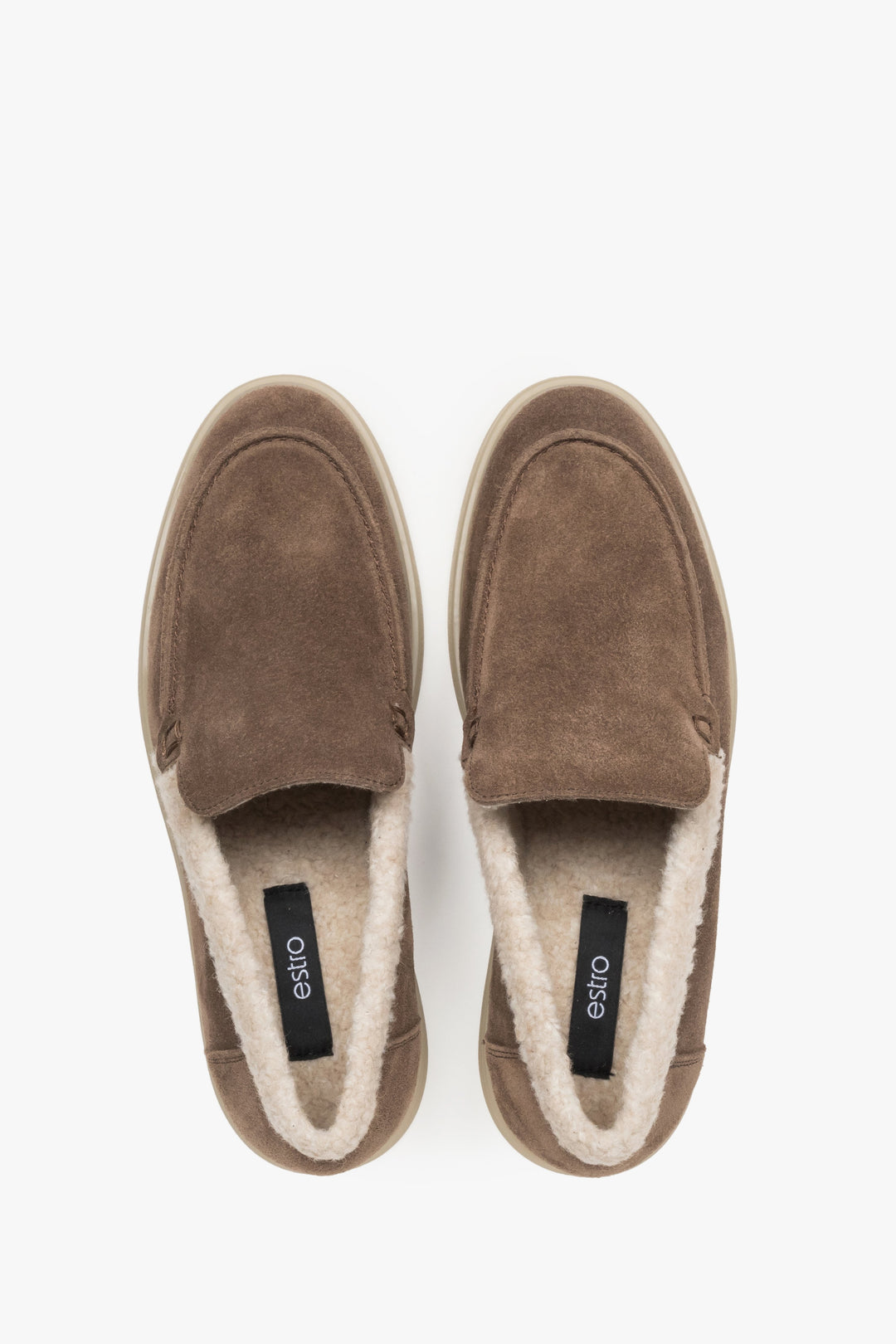 Women's Winter Loafers, Brown, made of Genuine Velour with Fur Lining.