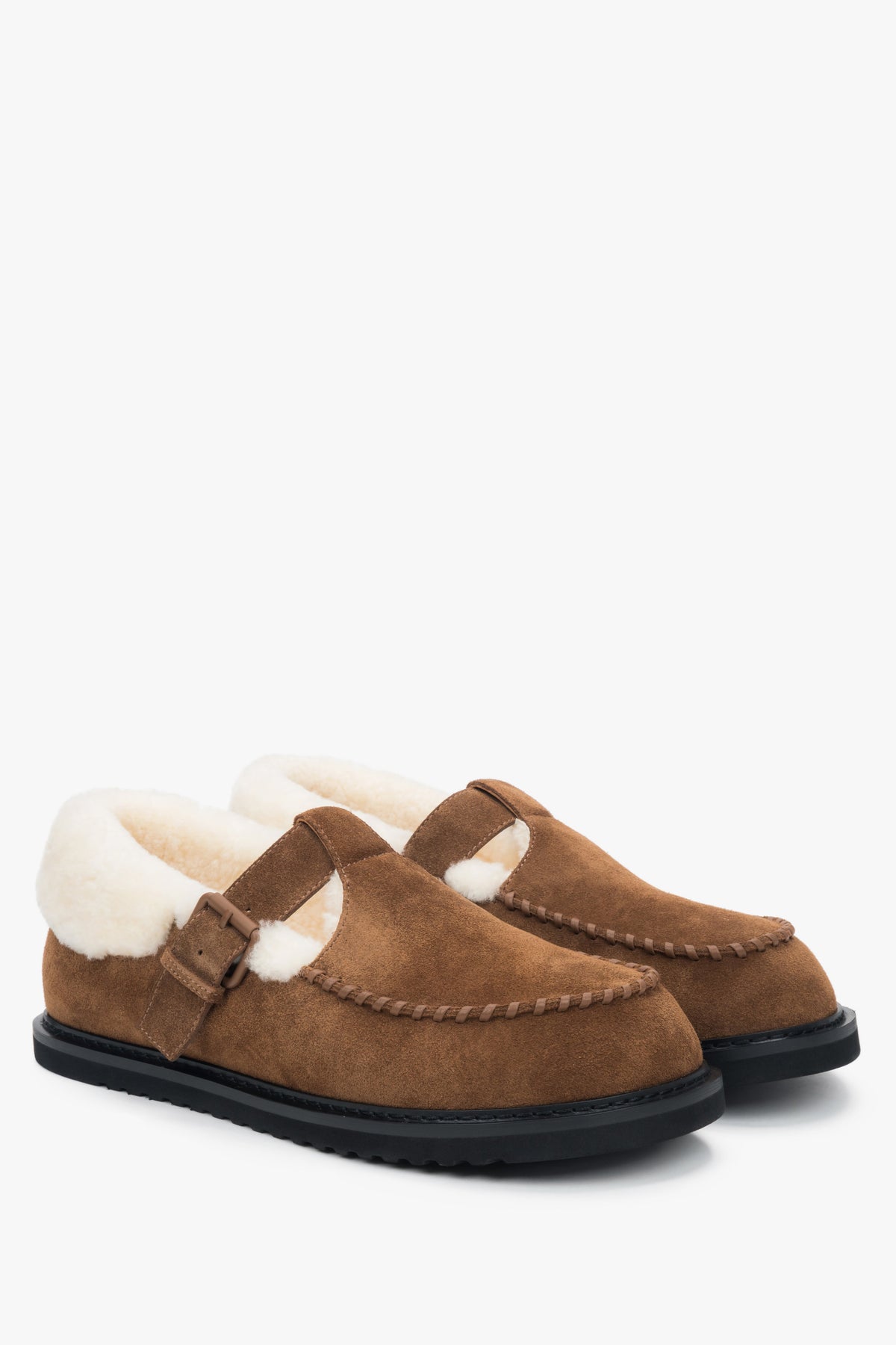 Women's brown winter loafers made of genuine velour and natural fur.