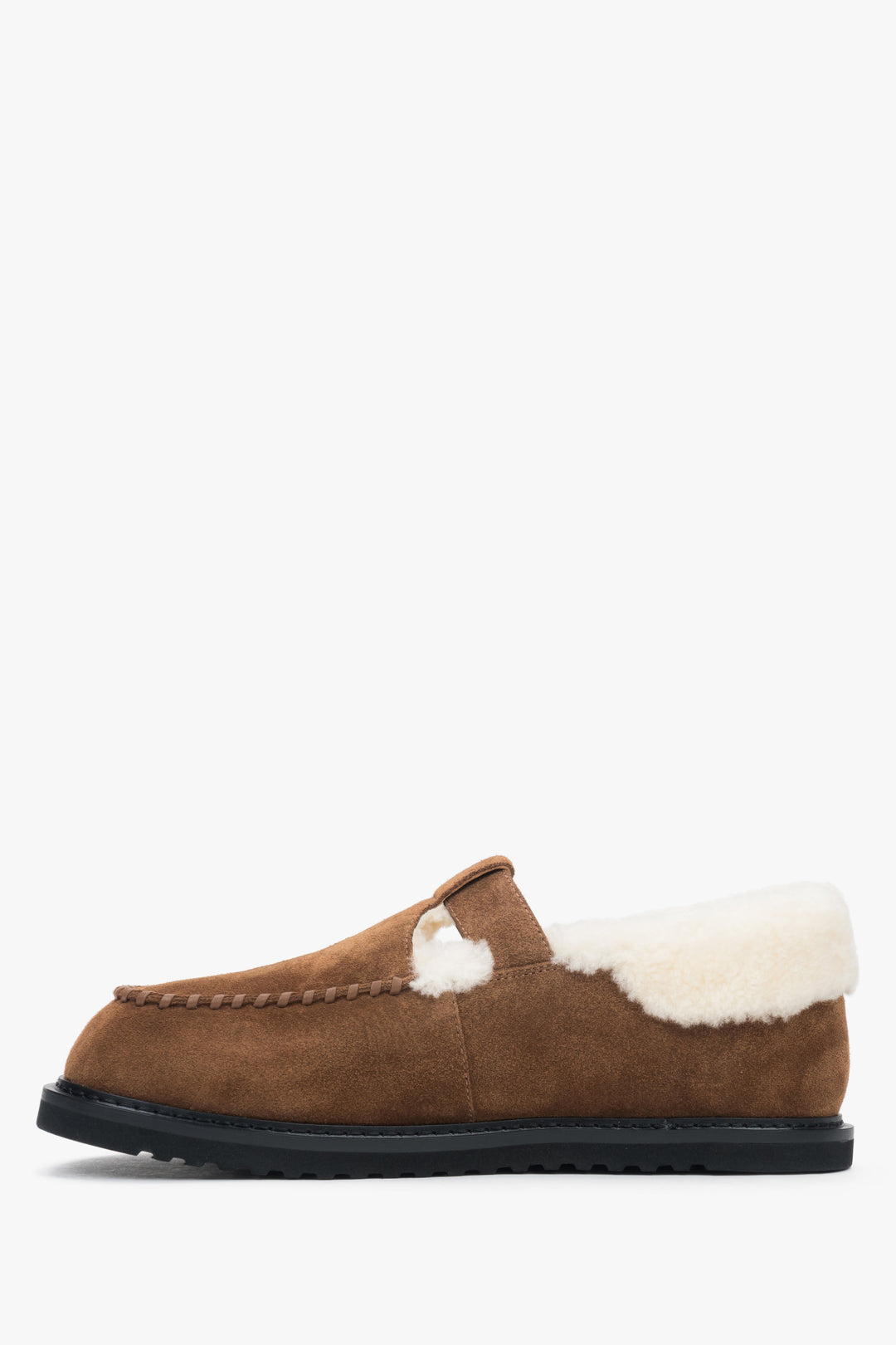 Women's winter loafers, brown, made of genuine velour and natural fur.