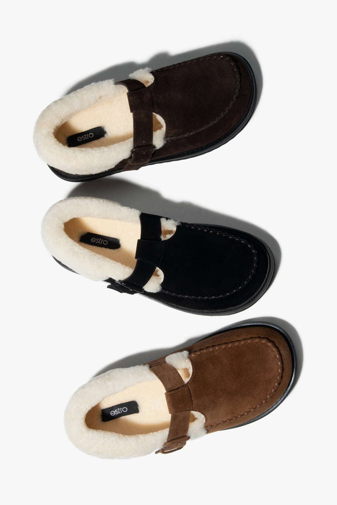 Made of genuine velour and natural fur, women's brown winter loafers.