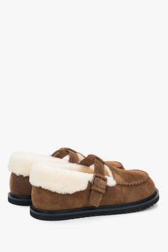 For winter, women's brown loafers made of genuine velour and natural fur.