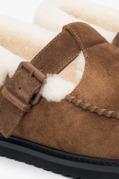 Women's brown winter loafers made of genuine velour and natural fur.