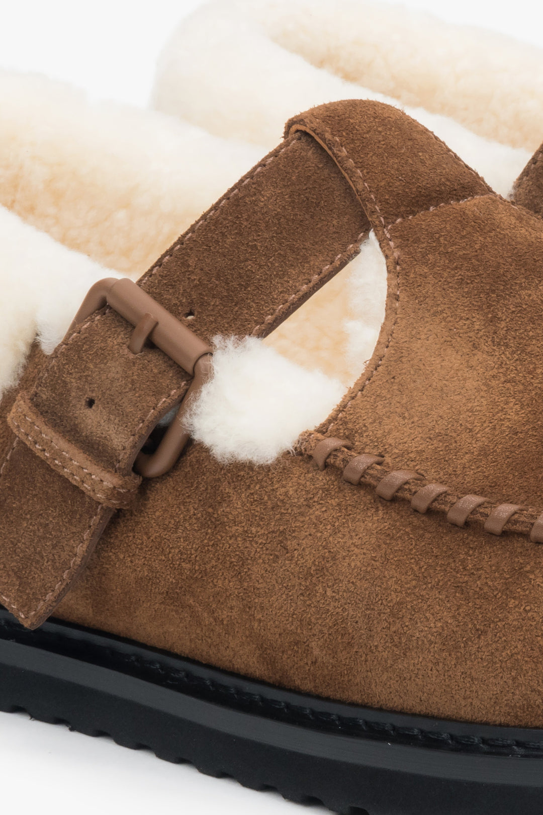 Women's brown winter loafers made of genuine velour and natural fur.