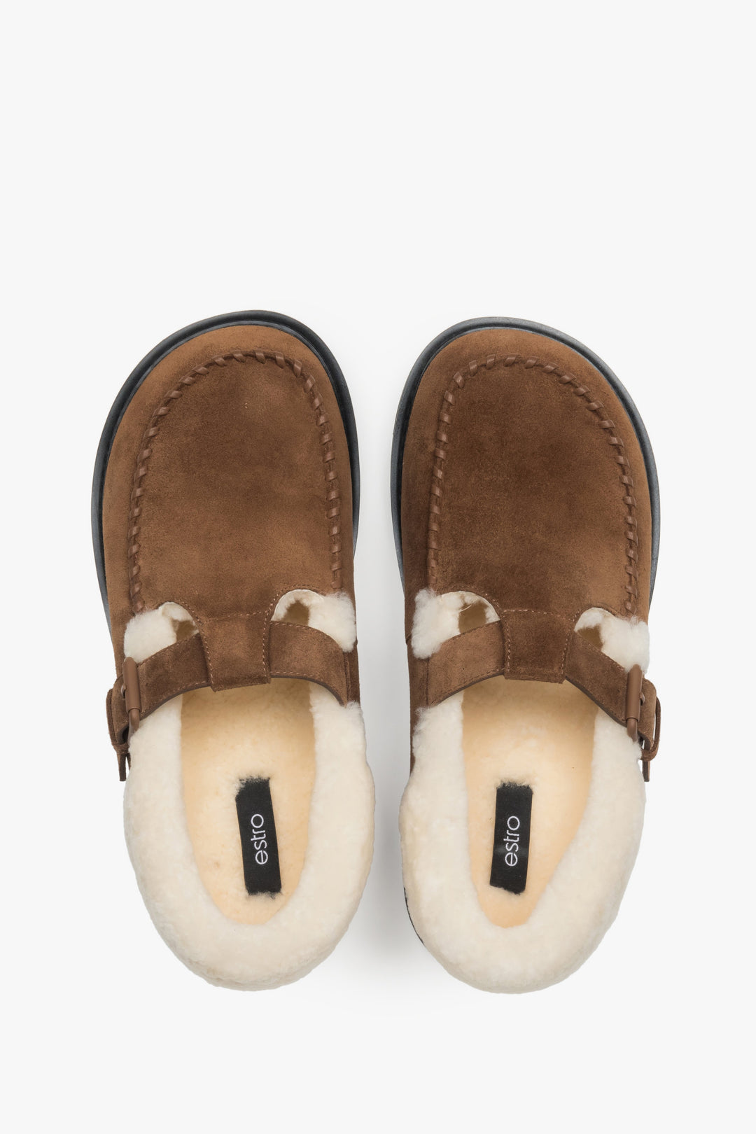 Women's brown winter loafers made of genuine velour and natural fur – top view.