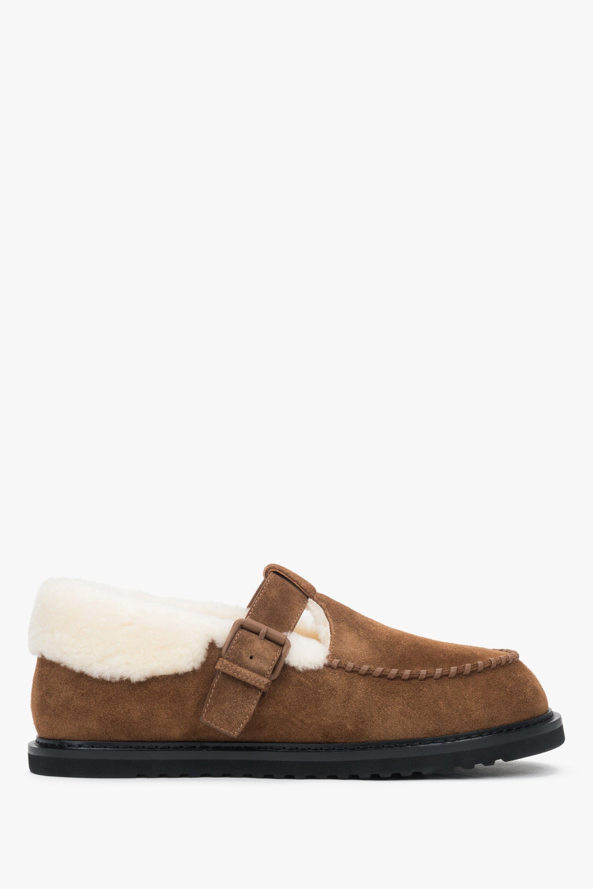 Women's brown winter loafers made of genuine velour and natural fur – side profile.