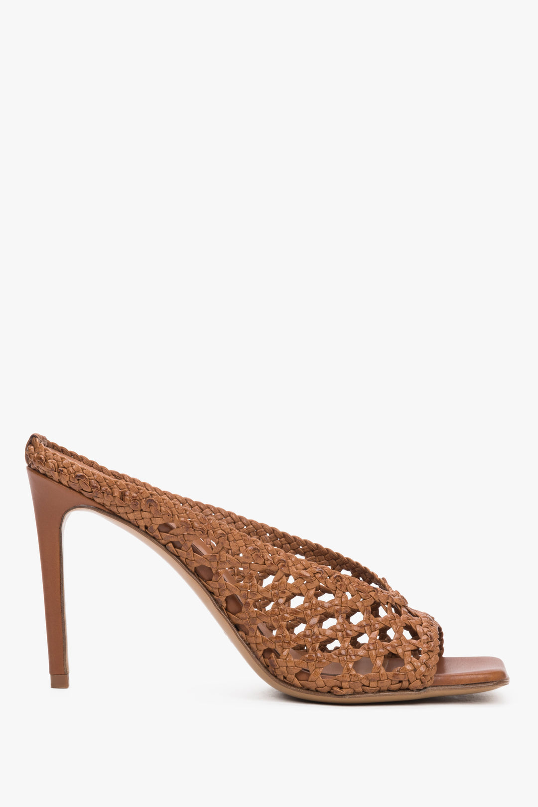 Women's brown premium Italian leather woven slides with a 10 cm stiletto by Guglielmo Rotta.