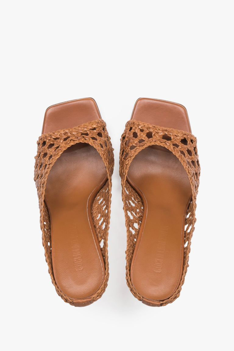 Guglielmo Rotta brown high-heel slides—luxury Italian craftsmanship with a woven finish.