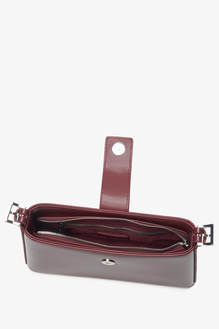 Women's shoulder bag, burgundy, genuine leather, with silver hardware, Estro.