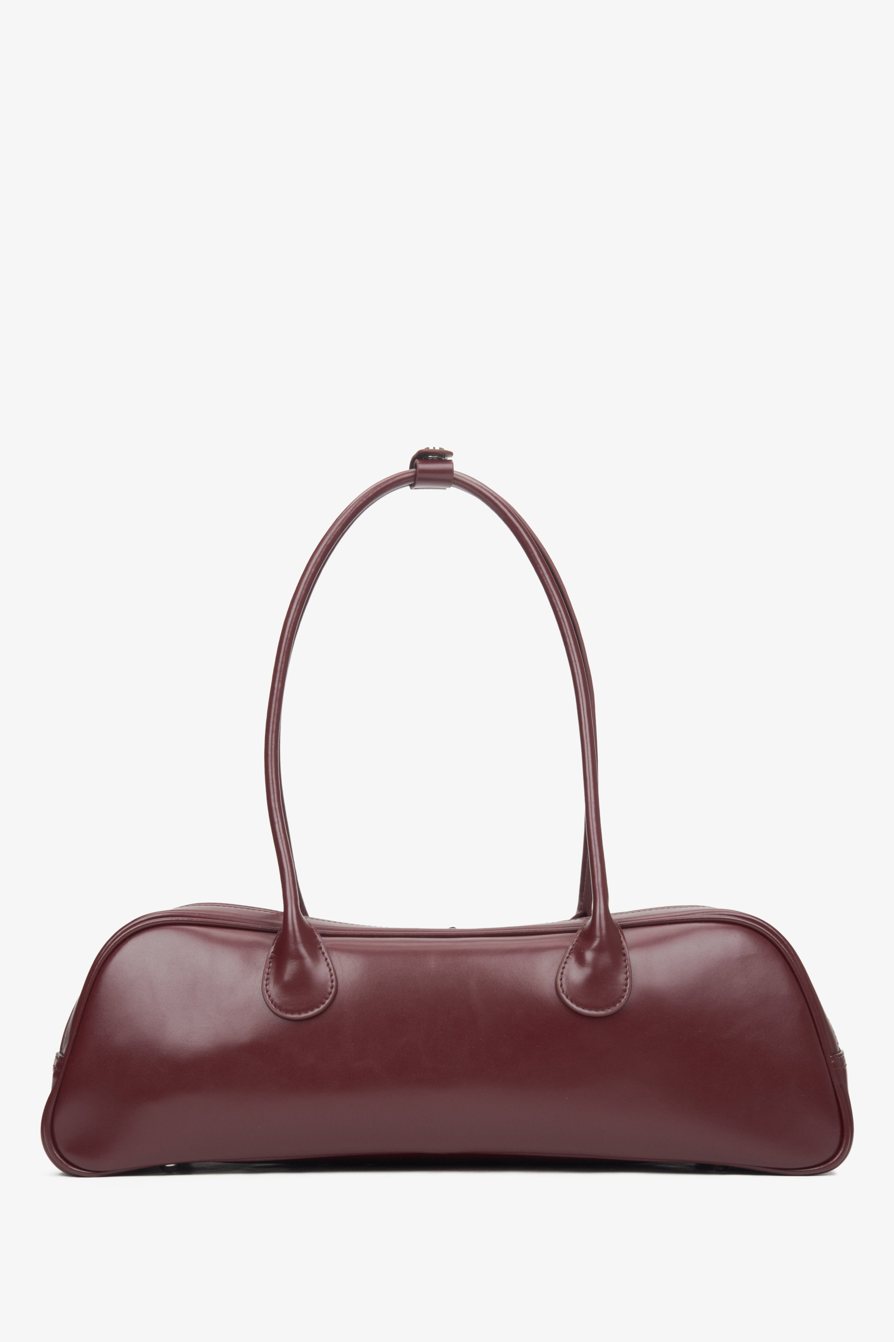 A stylish women's burgundy leather shoulder bag featuring long handles, by Estro - reverse.