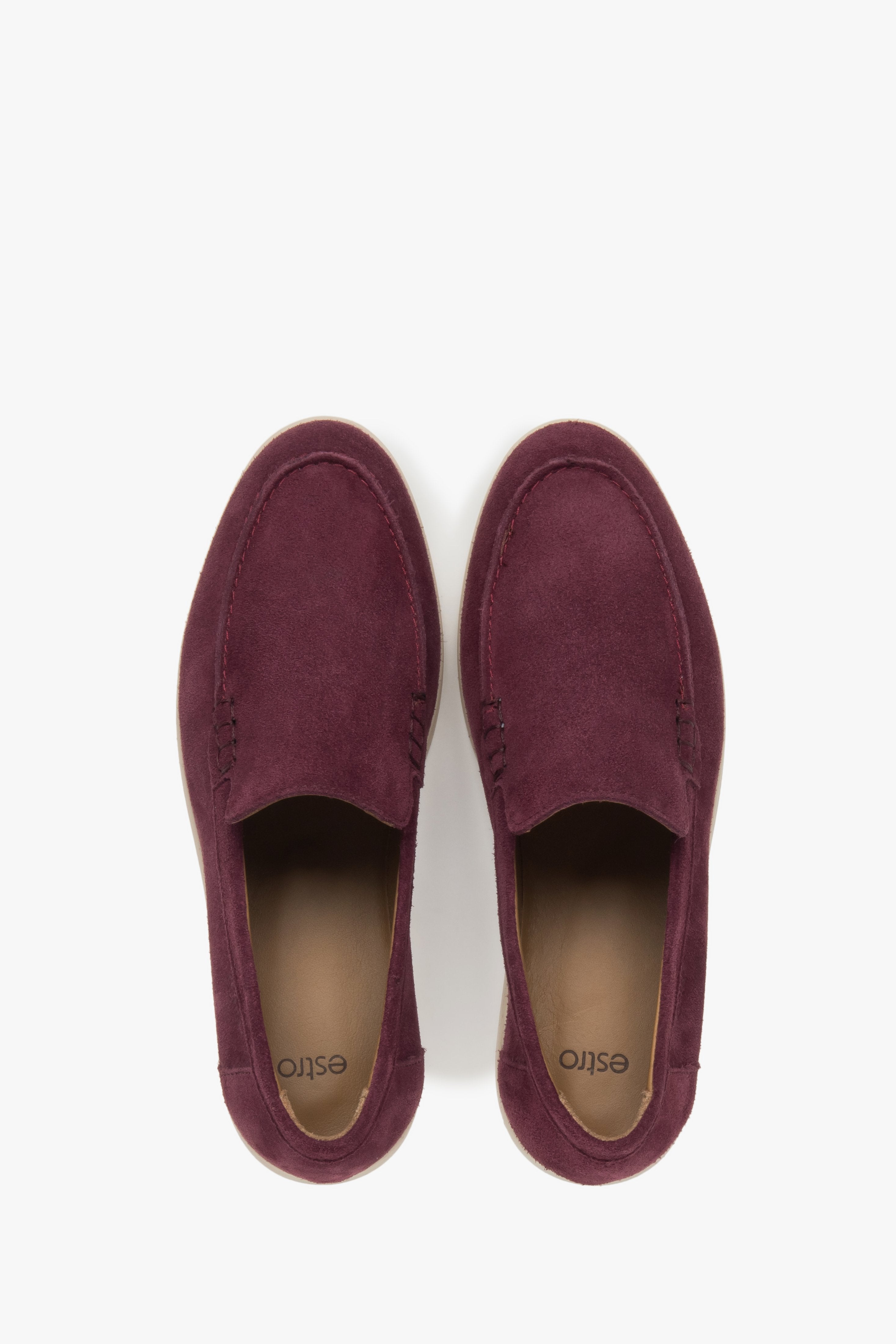 Estro Women's Burgundy Loafers: Genuine Velour - presentation from the top.