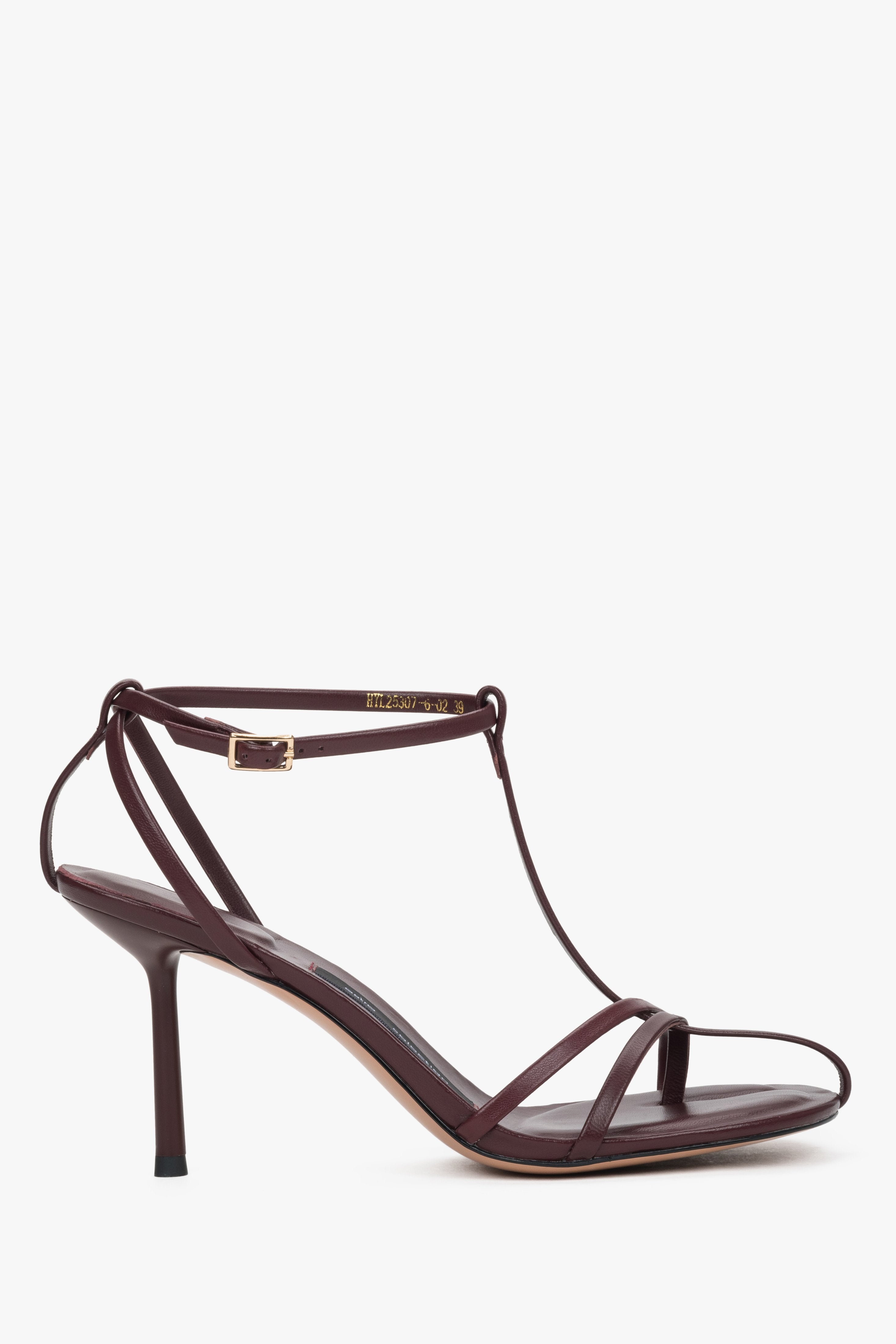 Side view of women's burgundy leather high heel sandals by Estro Selection