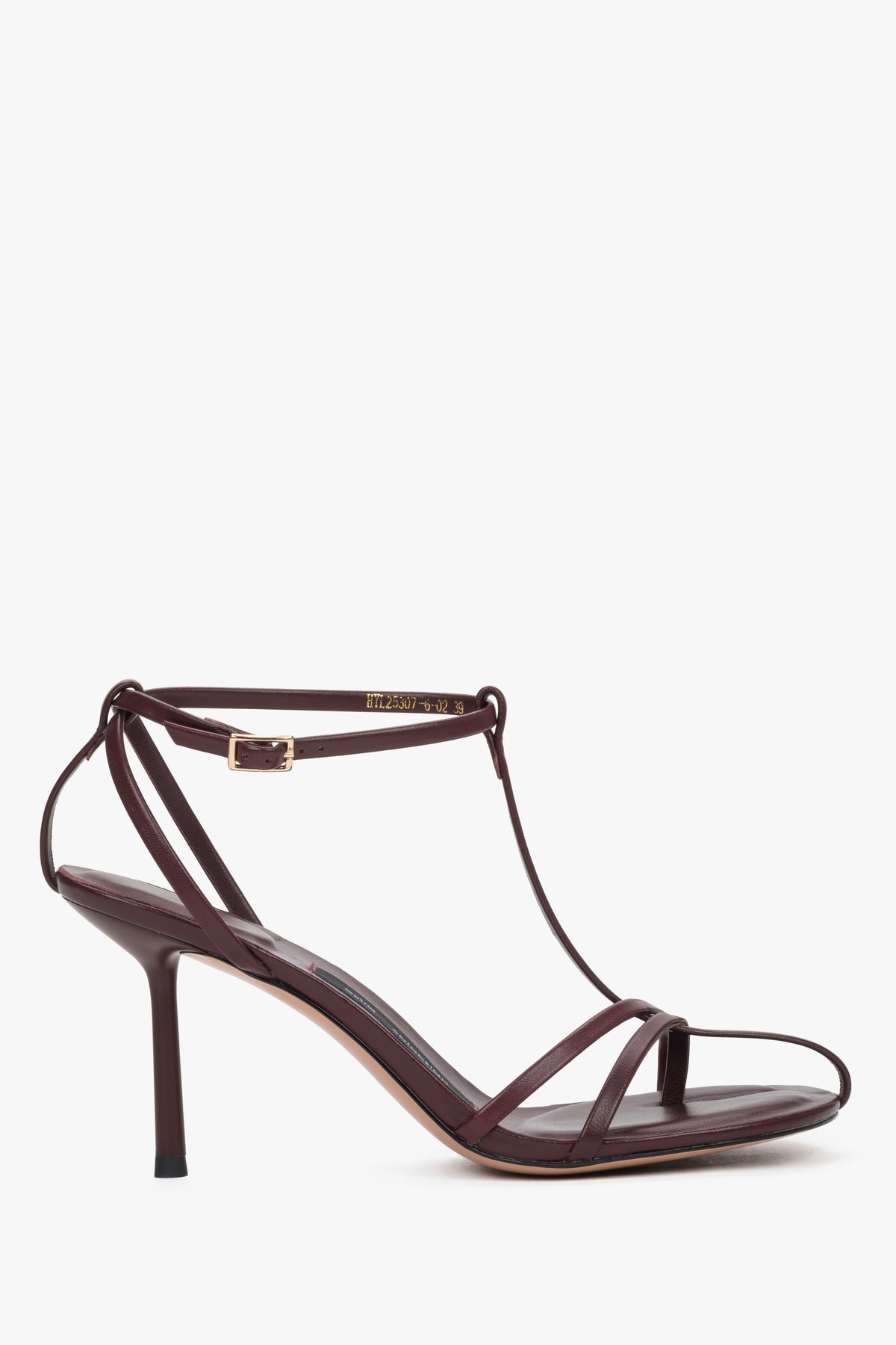 Side view of women's burgundy leather high heel sandals by Estro Selection
