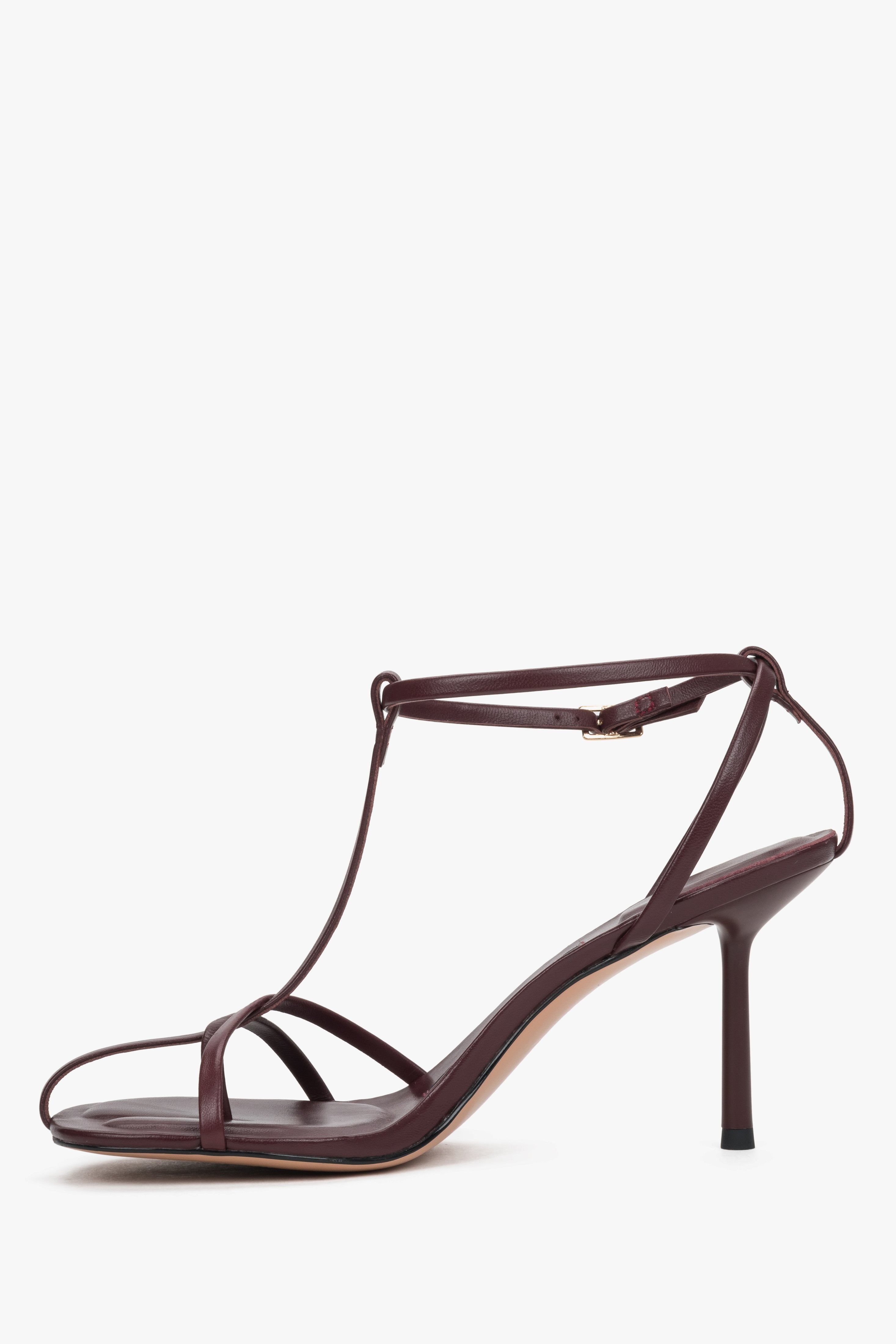 Women's burgundy leather high heel sandals with delicate straps