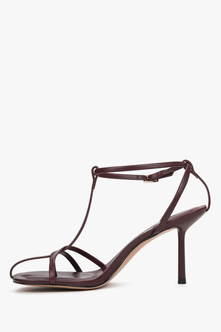 Women's burgundy leather high heel sandals with delicate straps