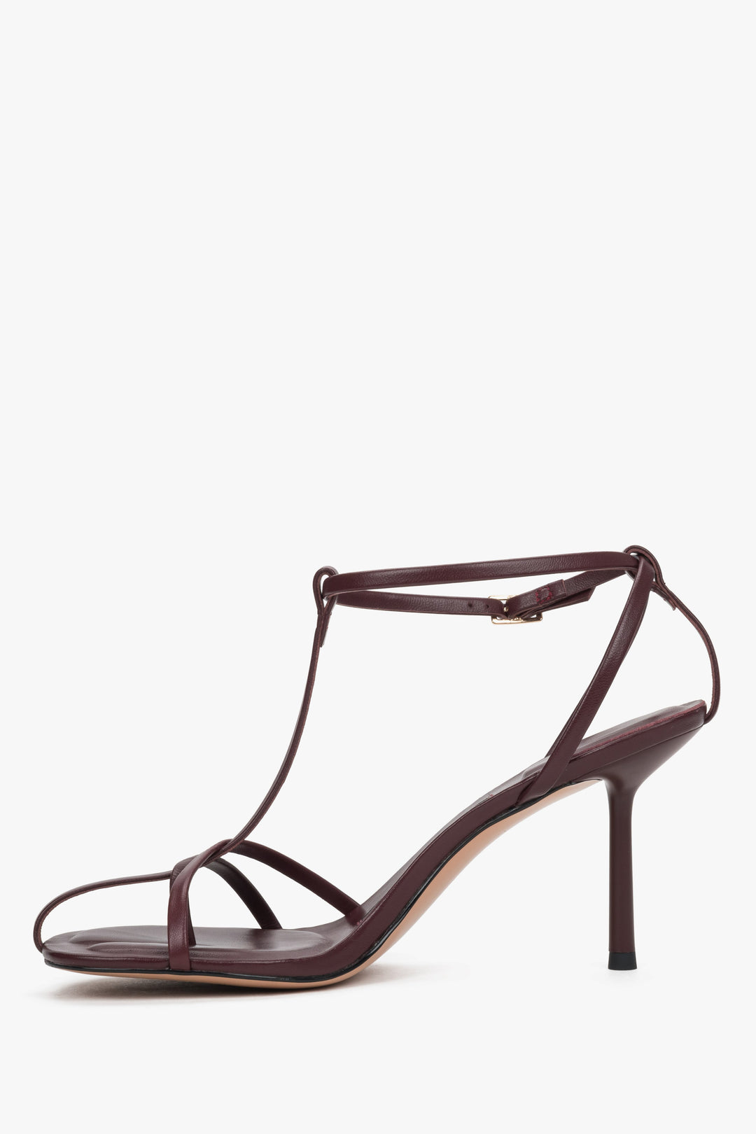 Women's burgundy leather high heel sandals with delicate straps