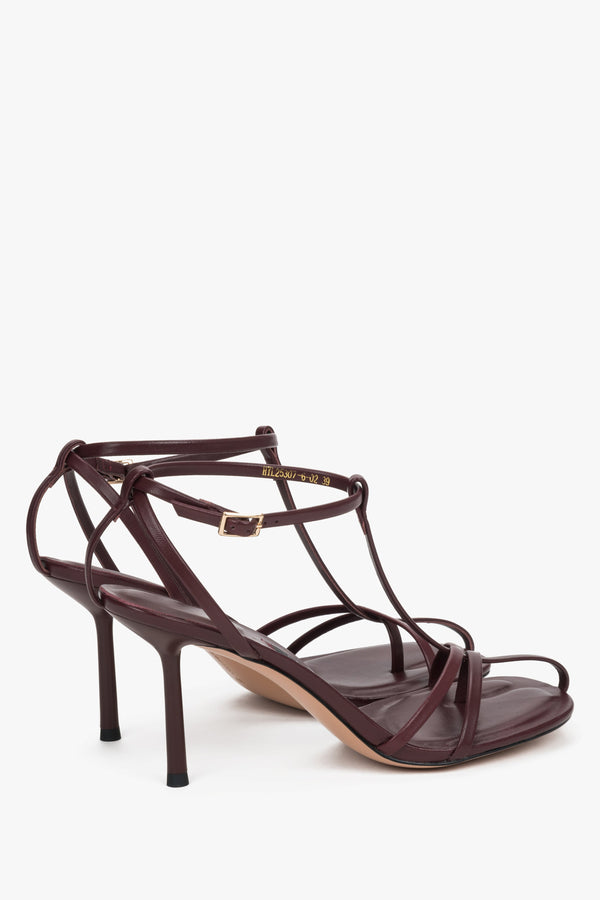 Pair of women's burgundy leather high heel sandals by Estro Selection