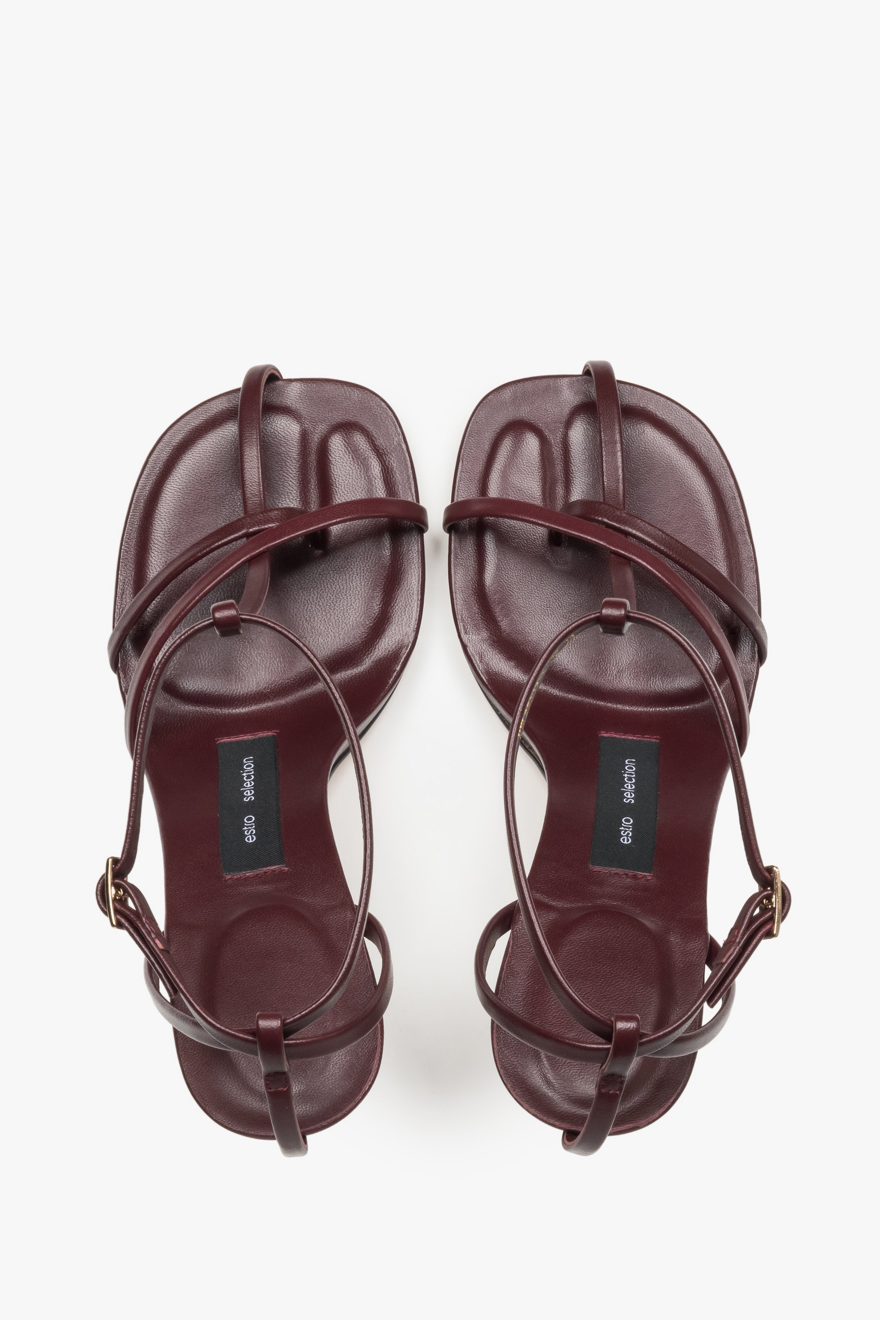 Top view of women's burgundy leather high heel sandals