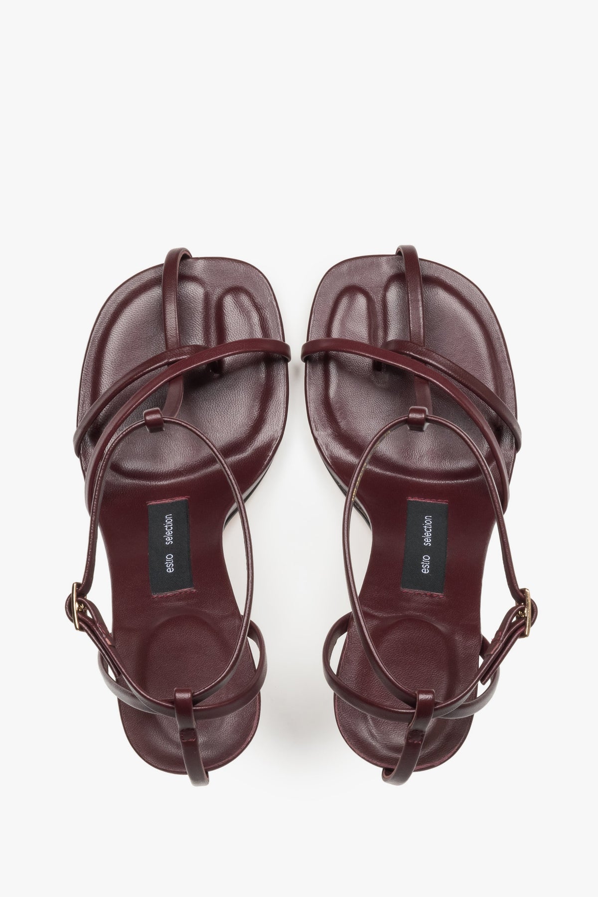 Top view of women's burgundy leather high heel sandals
