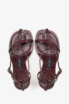 Top view of women's burgundy leather high heel sandals
