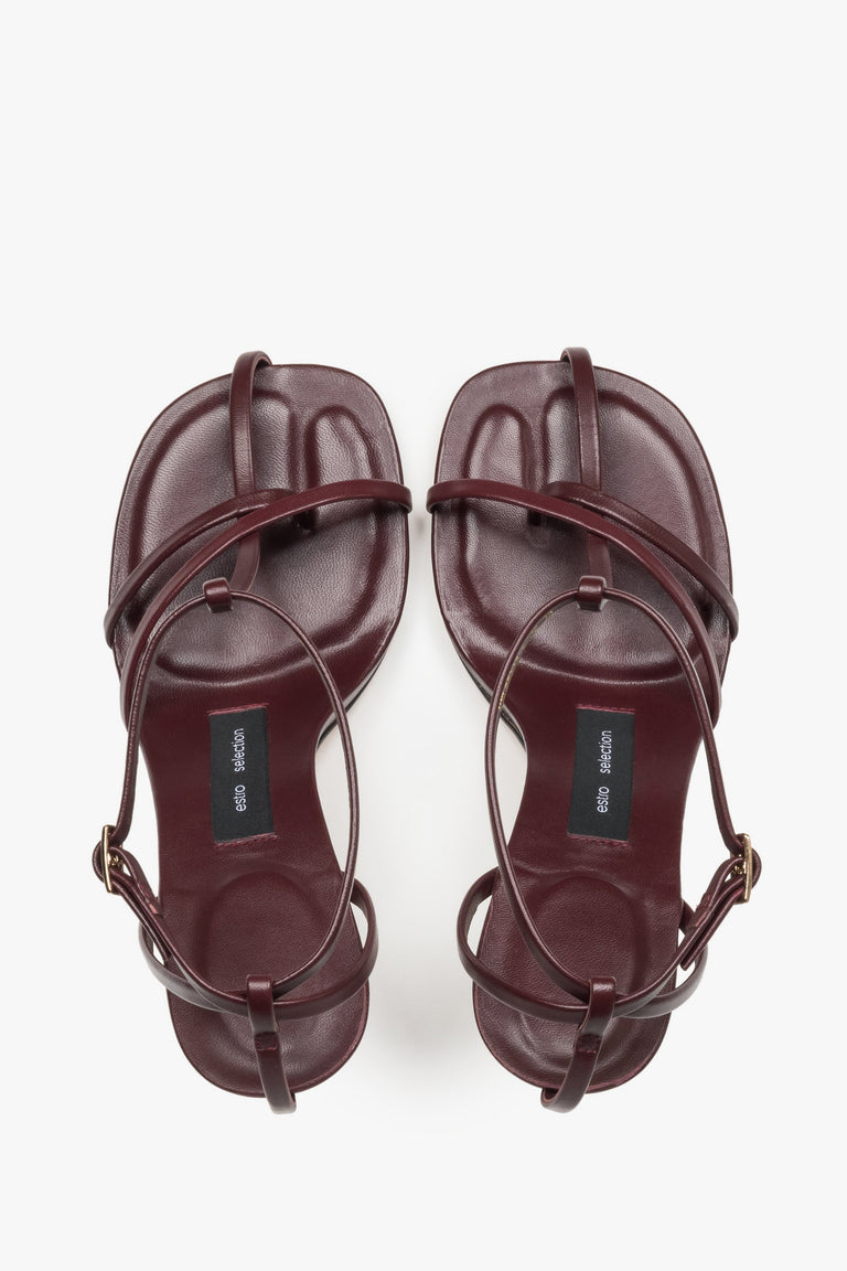 Top view of women's burgundy leather high heel sandals