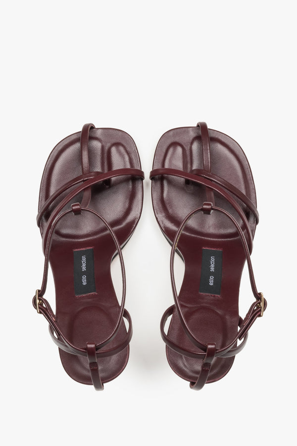 Top view of women's burgundy leather high heel sandals