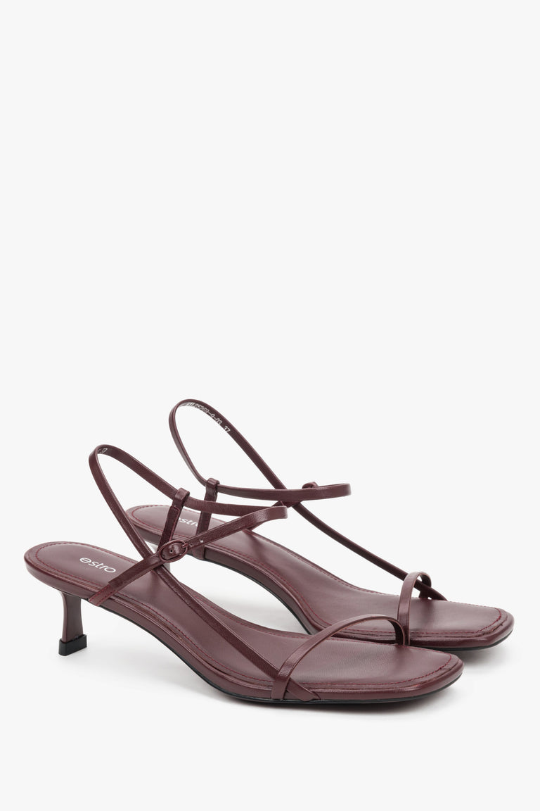 Women’s burgundy leather low-heel sandals thin straps by Estro.