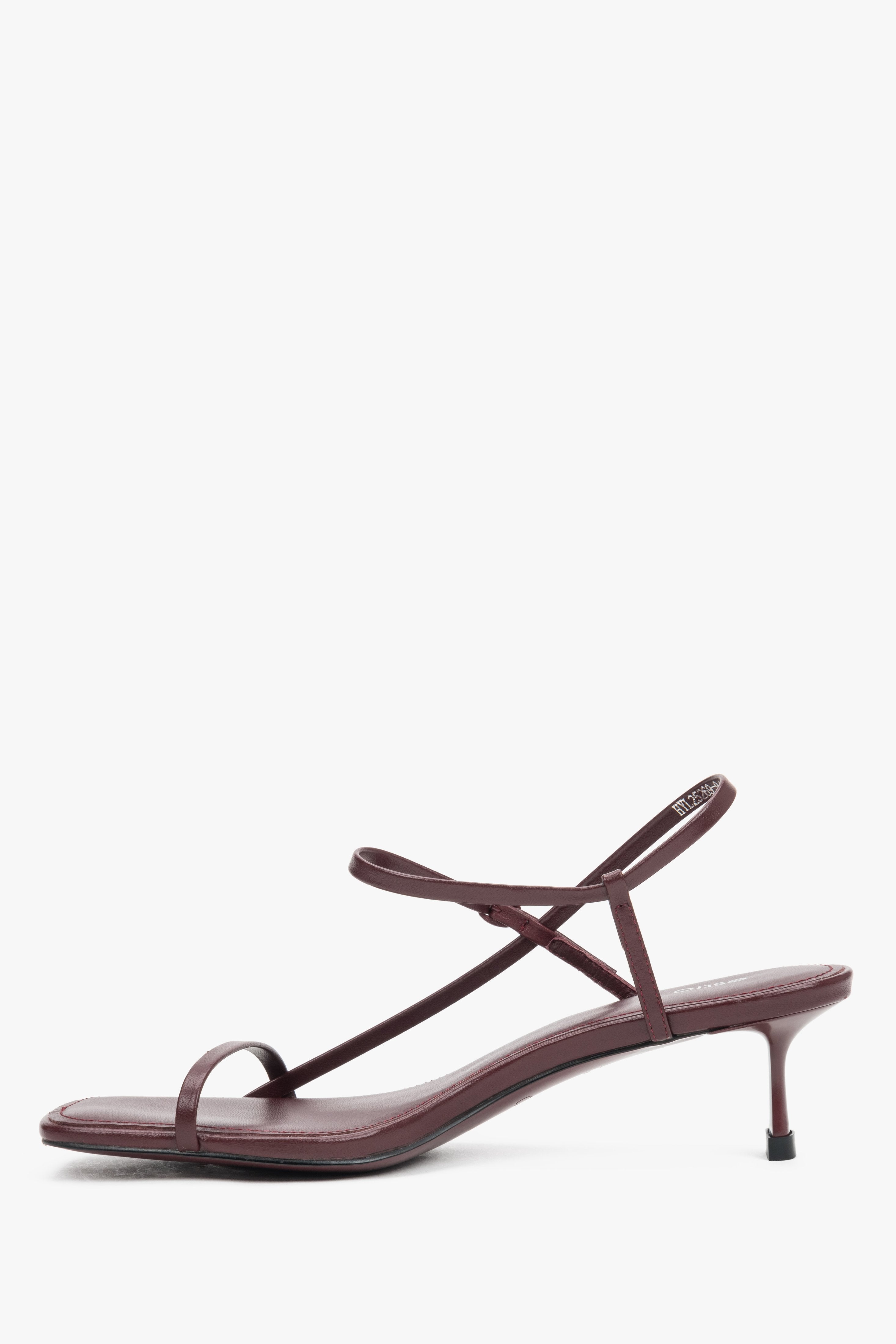 Women’s burgundy leather low-heel sandals made of thin straps by Estro – side view.