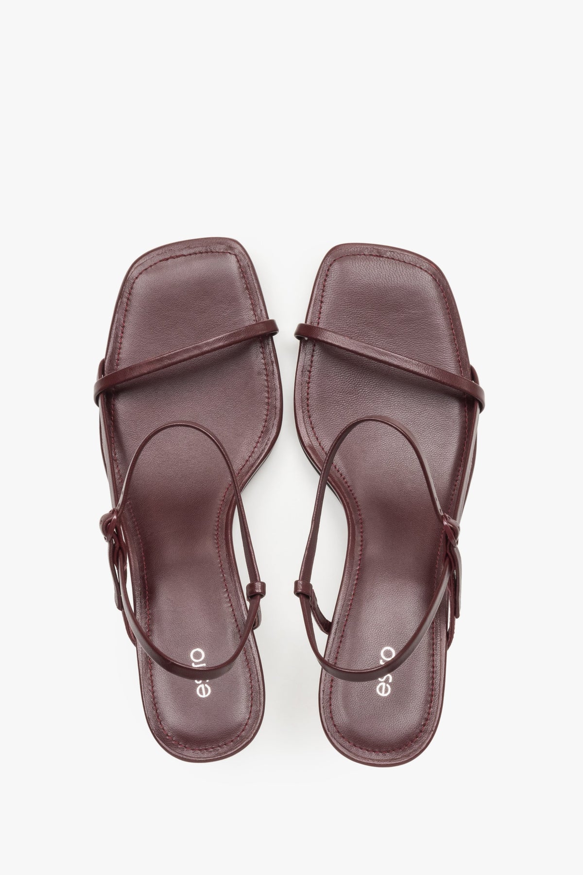 Women’s burgundy low-heel sandals made from genuine leather, featuring thin straps by Estro – top view.
