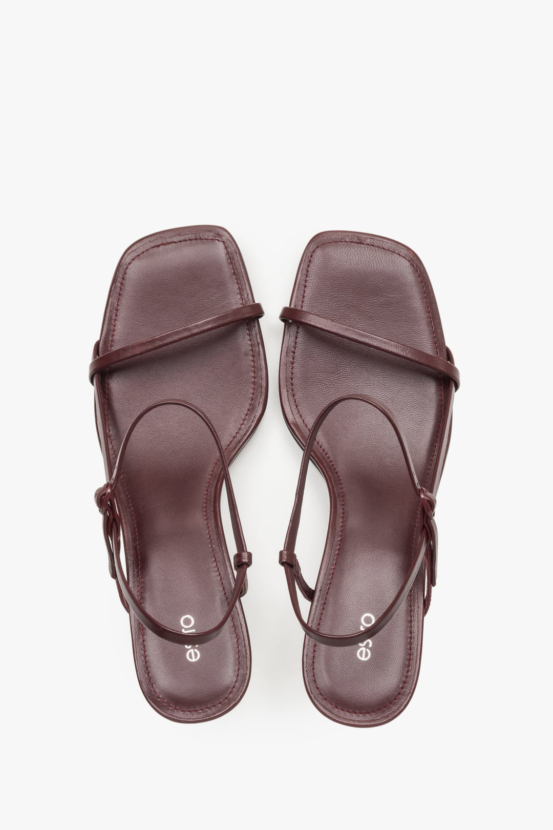 Women’s burgundy low-heel sandals made from genuine leather, featuring thin straps by Estro – top view.