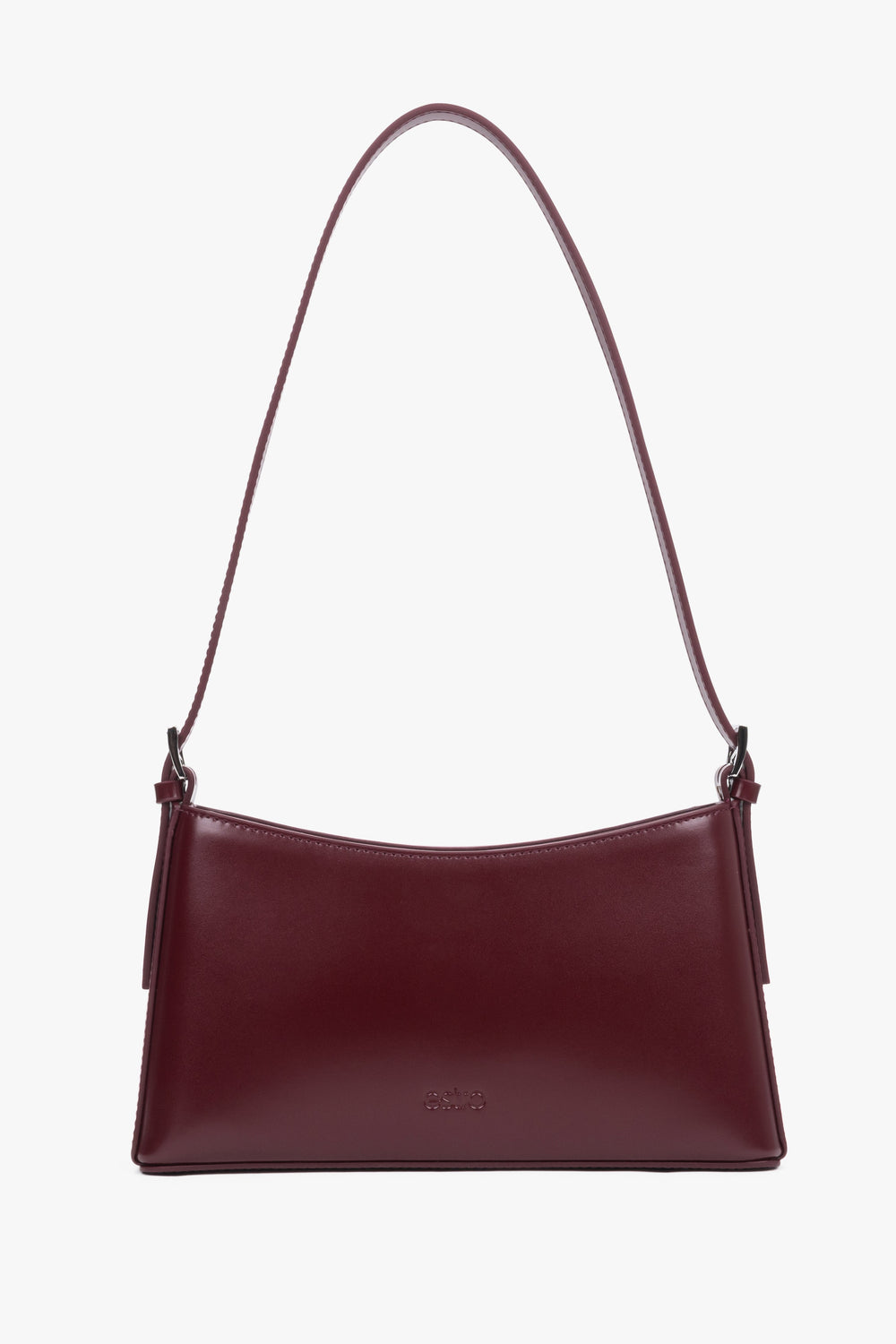 Women's burgundy leather shoulder bag by Estro with slim baguette shape.
