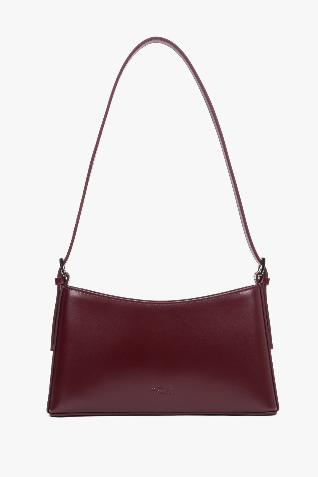 Women's burgundy leather shoulder bag by Estro with slim baguette shape.