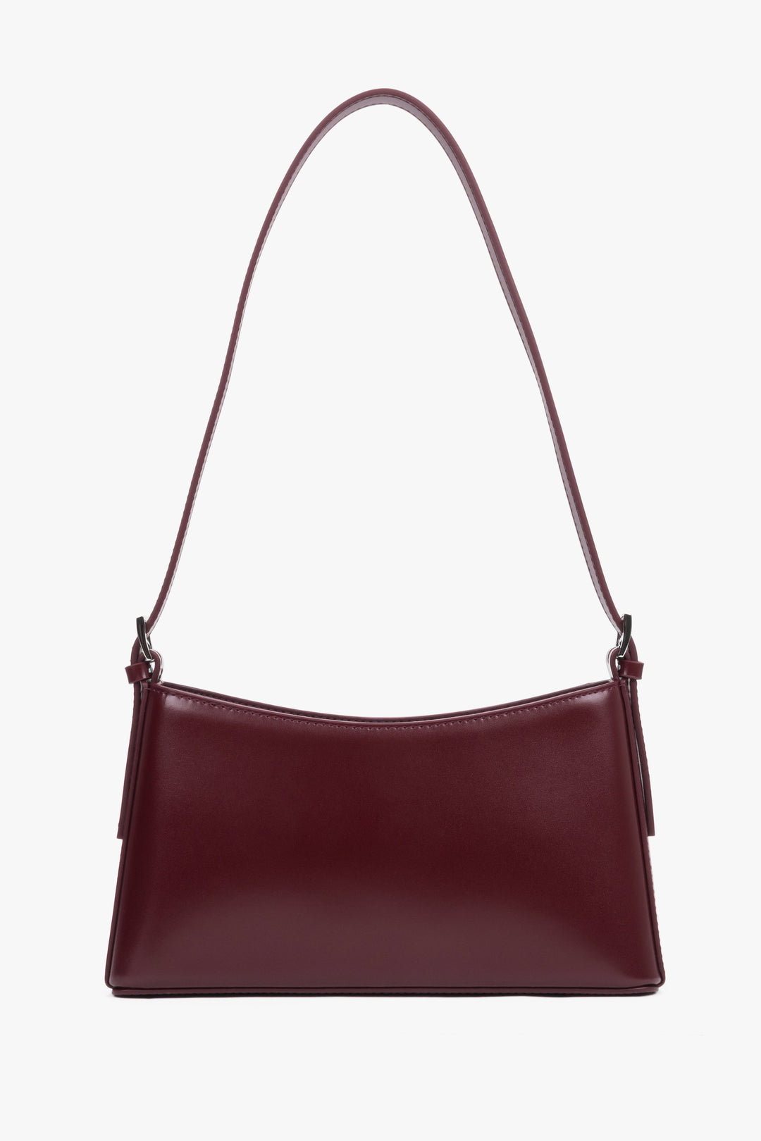 Front view of burgundy leather shoulder bag with silver-toned hardware.