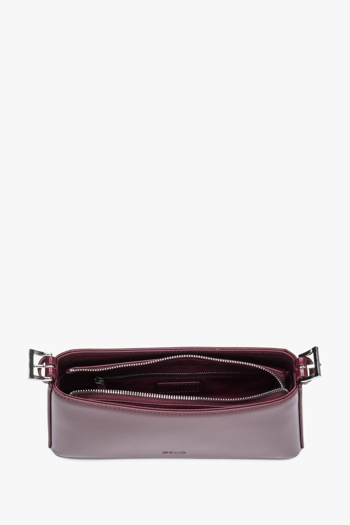 Top view of burgundy shoulder bag with zipper closure and compact shape.