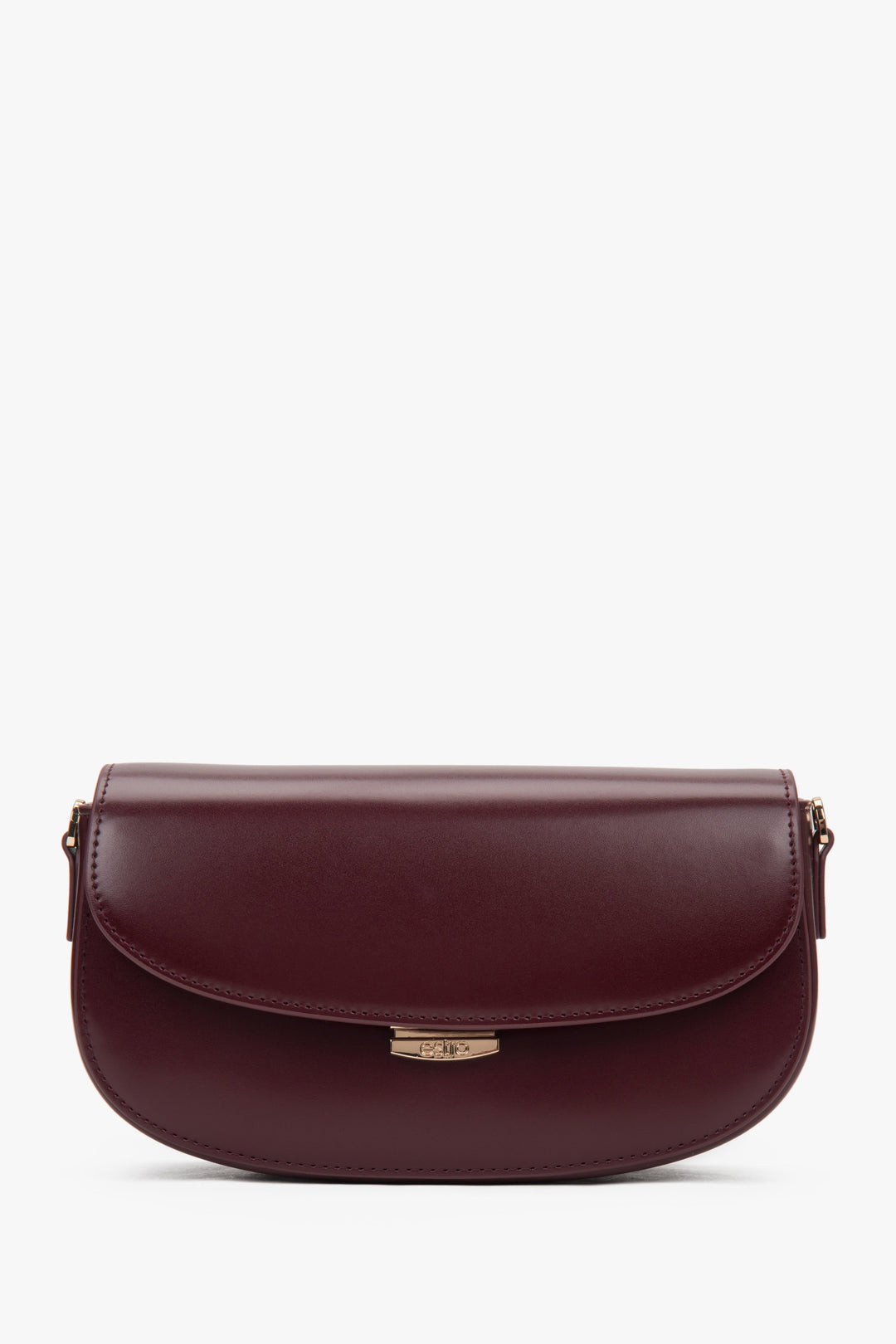 Women’s burgundy genuine leather saddle shoulder bag with adjustable strap.