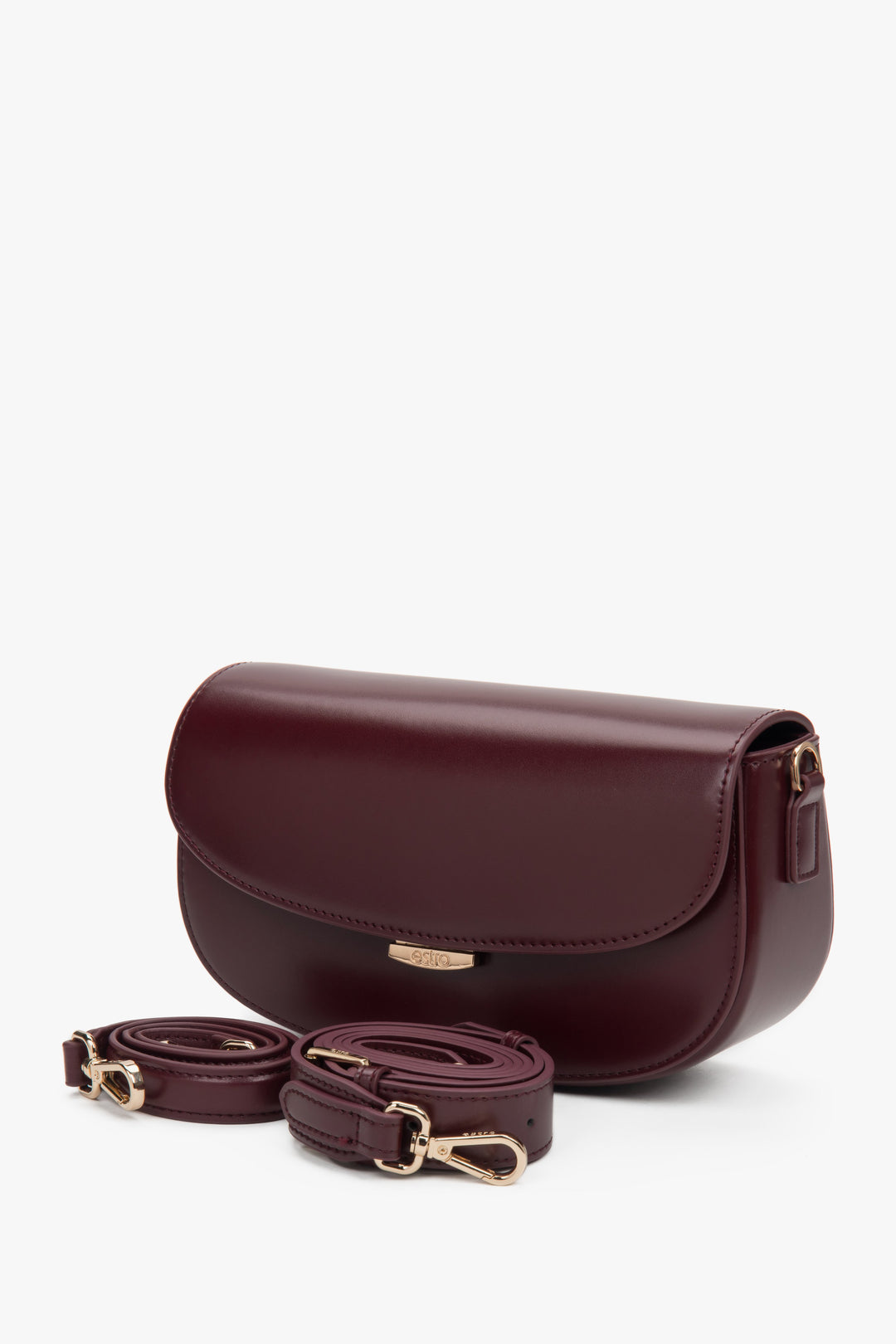 Burgundy genuine leather shoulder bag in a compact saddle shape.