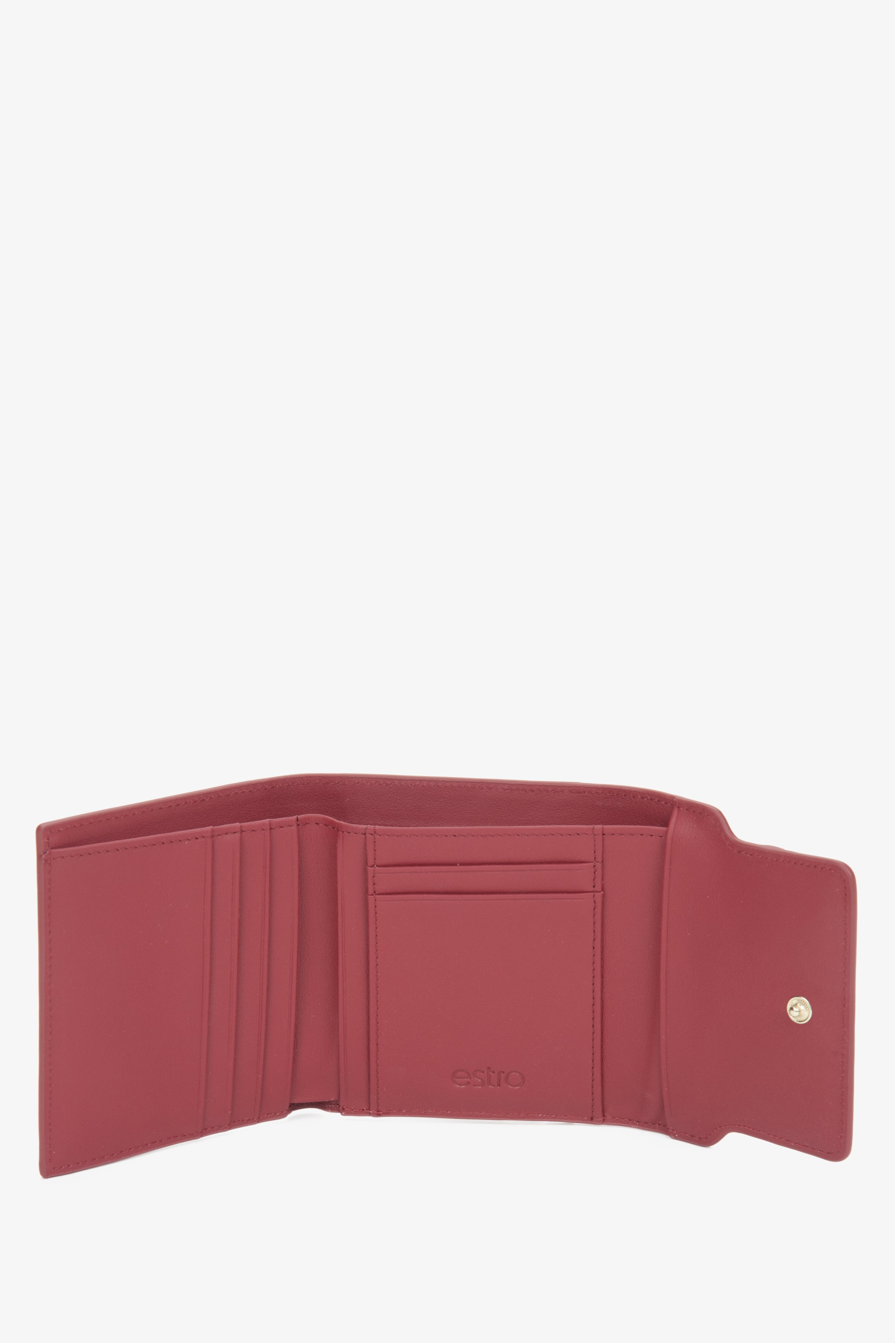 Elegant burgundy leather women's tri-fold wallet from Estro.