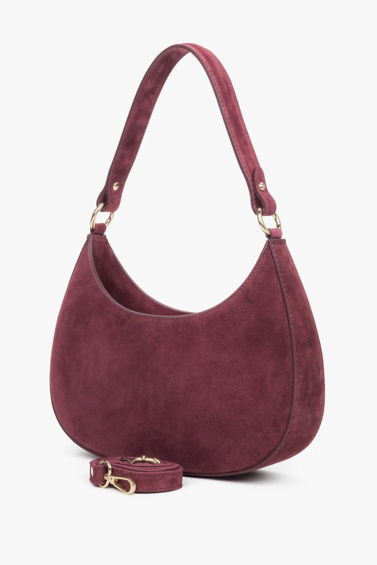 A chic burgundy shoulder bag crafted from premium Italian velour, featuring gold-tone hardware and a timeless silhouette.