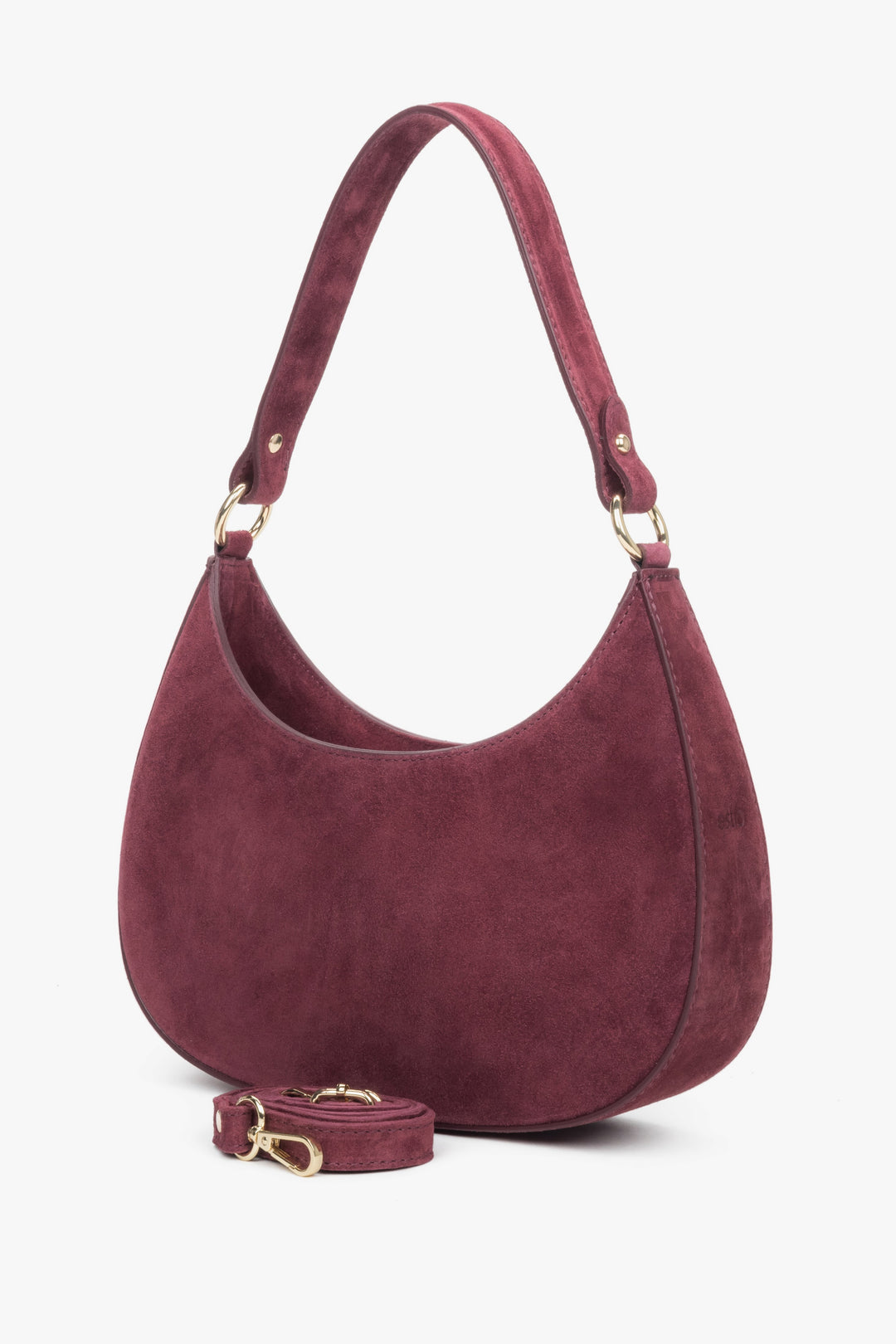 A chic burgundy shoulder bag crafted from premium Italian velour, featuring gold-tone hardware and a timeless silhouette.