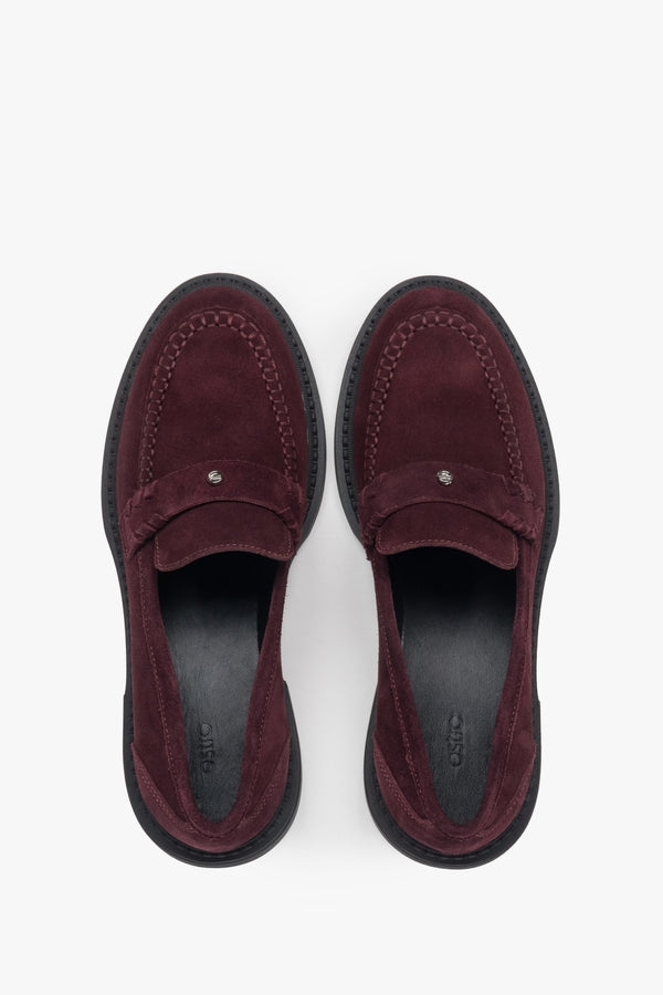 Luxurious Burgundy Velour Penny Loafers for Women.