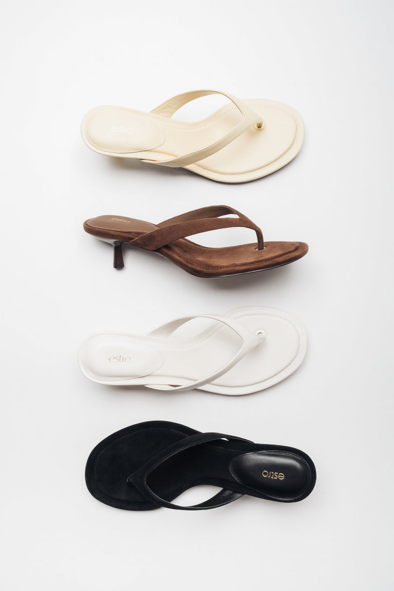 Three colour versions of women's kitten heel mules