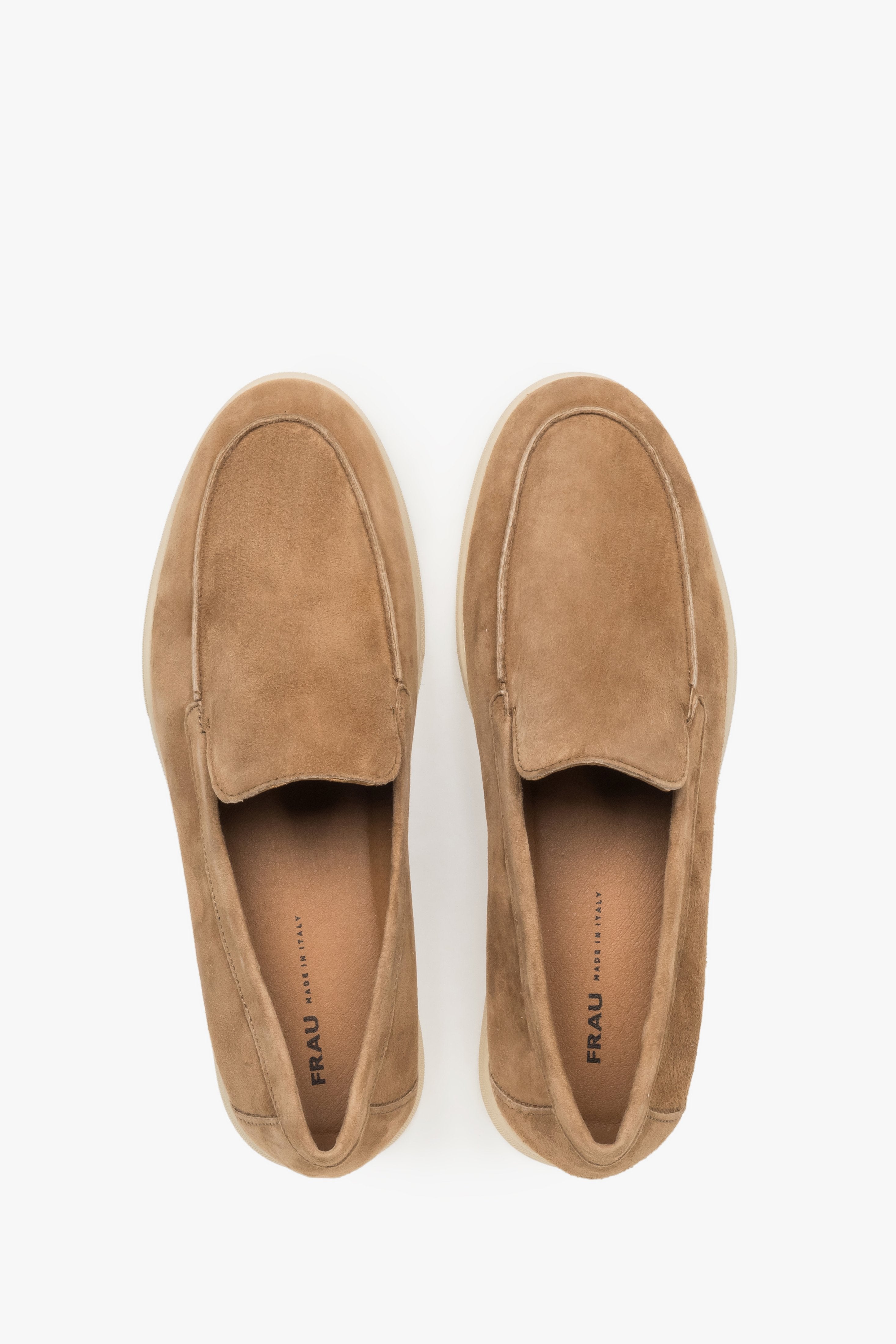 Women's velour loafers in beige (caramel) by Frau – a top view highlighting the contoured front and the Italian leather insole with the Frau brand logo.