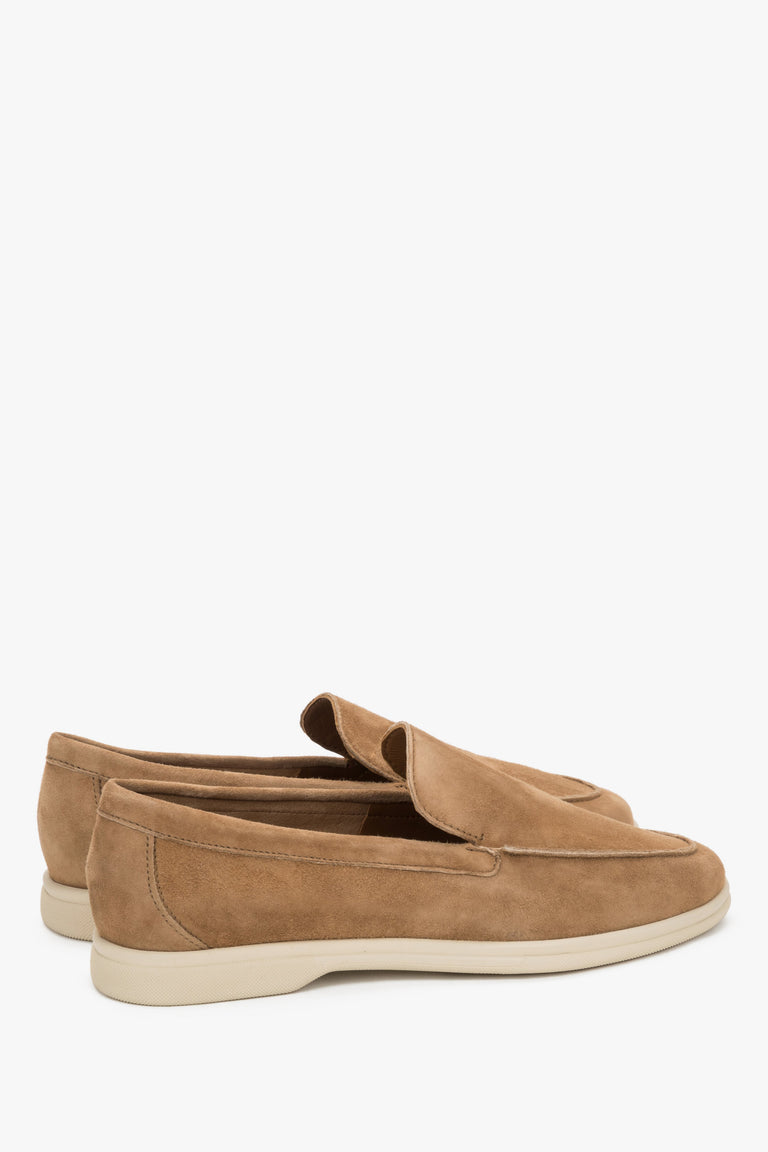 Women's velour loafers in beige (caramel) by Frau – a three-quarter angled view of the pair, emphasizing their classic, sleek silhouette.