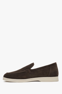 Dark brown women’s suede loafers by Estro – side view.
